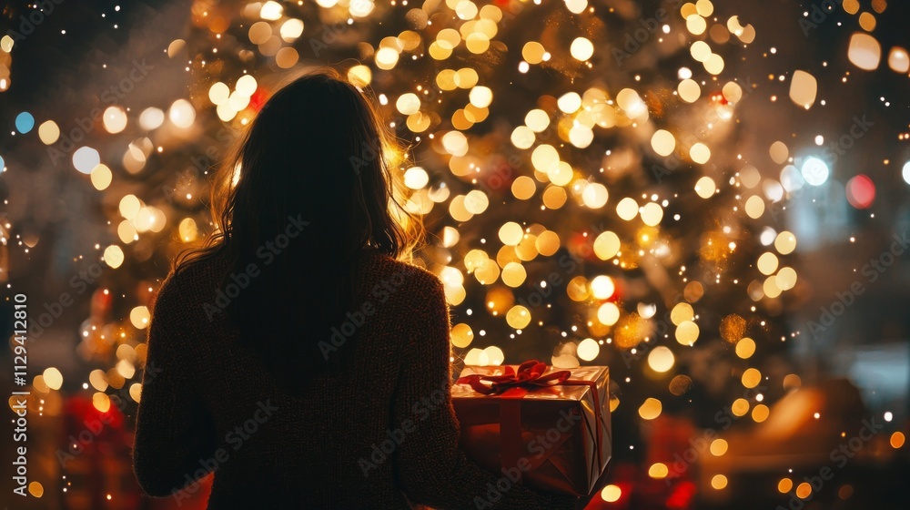 A young woman stands in festive ambiance, clutching a gift with a bow. She admires the magnificent Christmas tree glowing with cheerful lights, evoking holiday spirit A young woman stands in festive ambiance, clutching a gift with a bow. She admires the magnificent Christmas tree glowing with cheerful lights, evoking holiday spirit