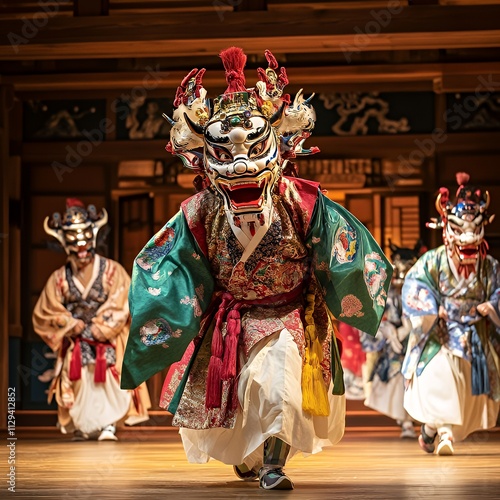 An artistic Korean mask dance on stage photo