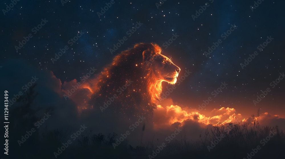 Fototapeta premium A mystical lion with a mane of clouds prowling across a glowing star-filled sky.