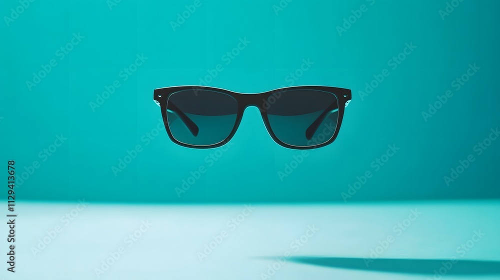 A pair of sunglasses flipping mid-air on a bright cyan background. A pair of sunglasses flipping mid-air on a bright cyan background.