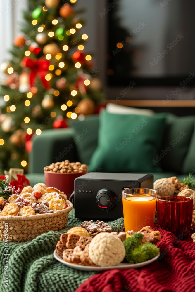 A table topped with a bowl of cookies next to a Christmas tree A table topped with a bowl of cookies next to a Christmas tree