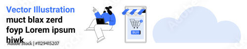 Character lounging and holding laptop, mobile app screen showing shopping cart with Buy button, blue cloud shape. Ideal for online shopping, e-commerce, mobile apps, cloud services, tech startups