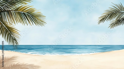 Serene beach scene with palm trees and calm ocean waves under a clear blue sky.