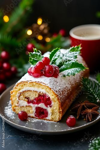 Wallpaper Mural A piece of cake roll with cranberries and powdered sugar on a plate Torontodigital.ca