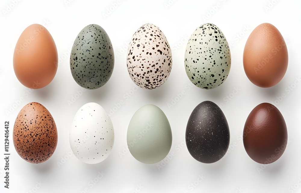 Variety of bird eggs displayed in different colors and patterns on white background Variety of bird eggs displayed in different colors and patterns on white background