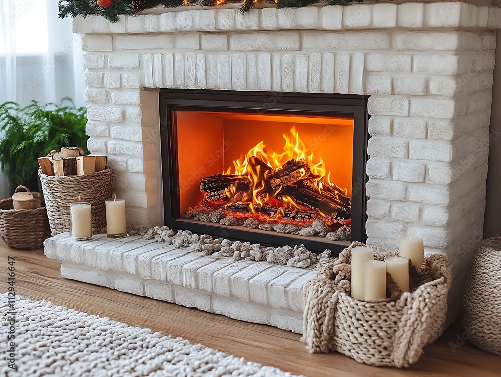 Cozy White Brick Fireplace Burning Warmly With Candles Cozy White Brick Fireplace Burning Warmly With Candles