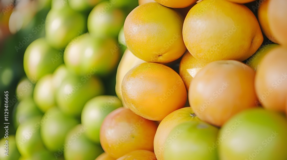 A stack of fresh fruits in vibrant colors displayed at an outdoor farmers market. A stack of fresh fruits in vibrant colors displayed at an outdoor farmers market.