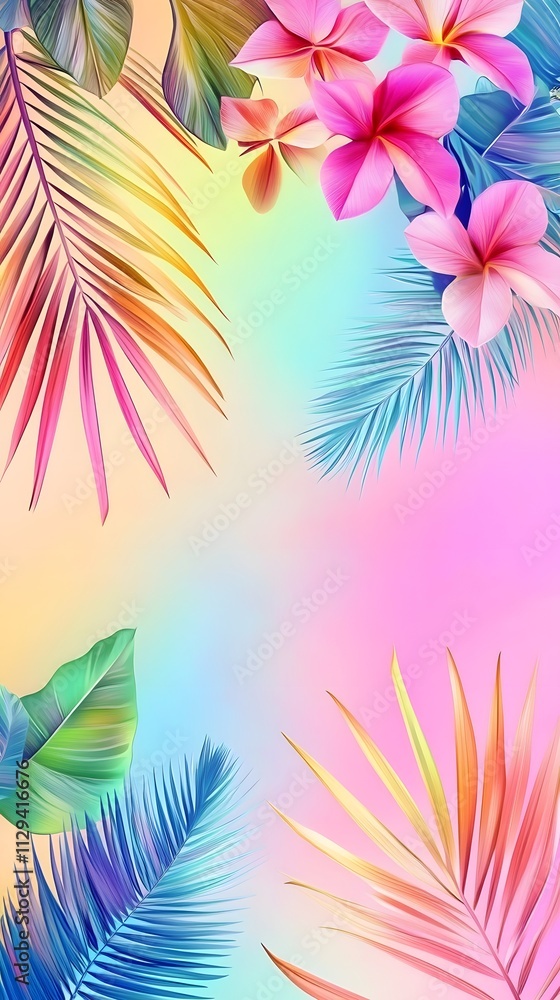 A vibrant and colorful background with tropical flowers, palm leaves, and rainbow colors for summer-themed A vibrant and colorful background with tropical flowers, palm leaves, and rainbow colors for summer-themed