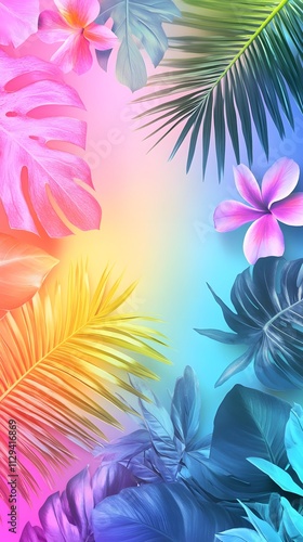 A vibrant and colorful background with tropical flowers, palm leaves, and rainbow colors for summer-themed