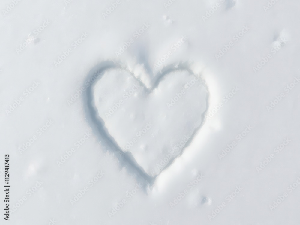 Heart shaped pattern imprinted on fresh white snow, outdoor Heart shaped pattern imprinted on fresh white snow, outdoor