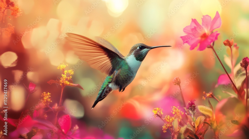Fototapeta premium Hummingbird in flight near colorful flowers.
