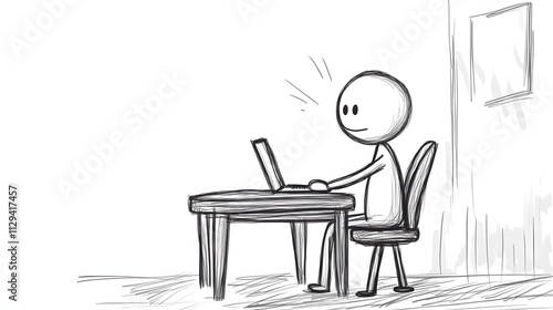 A stickman sitting at a desk with a laptop typing furiously. photo