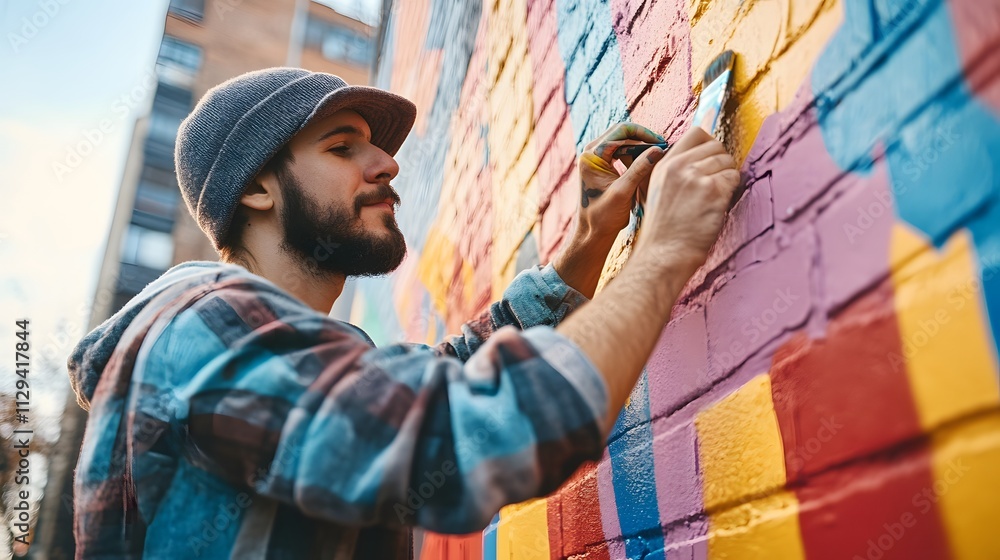 Obraz premium A street artist painting a colorful mural on a brick wall in a bustling city.