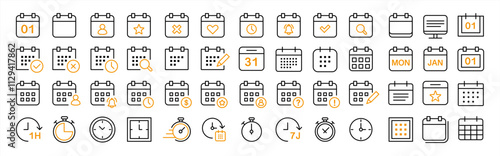 Calendar Icon Set. Features editable time management symbols. Includes icons for months, days, weeks, reminders, and more. Perfect for websites, and apps related to scheduling, planning, and event.