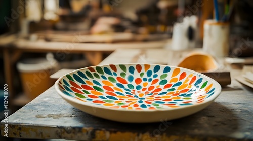 A vibrant hand-painted ceramic plate displayed in a craftsmans workshop. photo