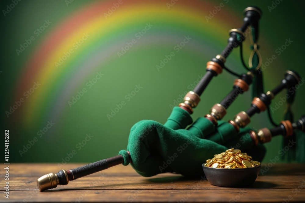 Background Copy-space for text. A bagpipe resting on the edge of a wooden table, with a rainbow in the background and a pot of gold nearby for St. Patrick's Day celebration Background Copy-space for text. A bagpipe resting on the edge of a wooden table, with a rainbow in the background and a pot of gold nearby for St. Patrick's Day celebration