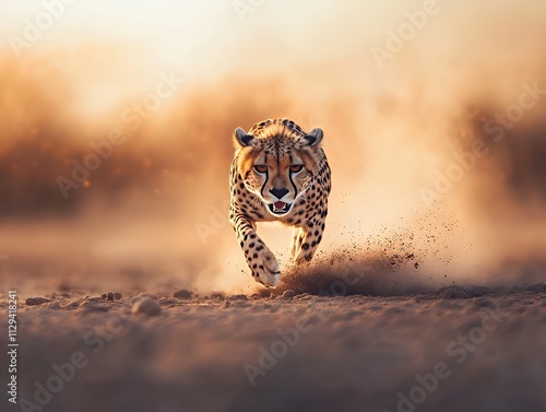 Cheetah sprinting across a dusty savannah photo