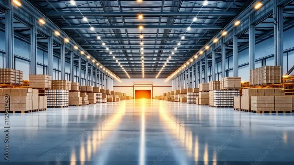 Empty warehouse with stacks of boxes and bright lights. Empty warehouse with stacks of boxes and bright lights.