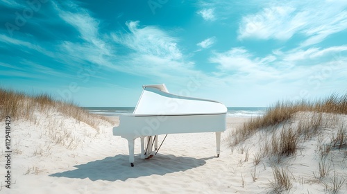 A white piano standing on a sandy beach under a blue sky. photo