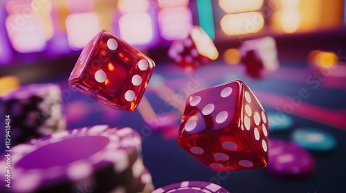 A zoomed-in shot of a craps table showing dice and betting chips mid-game. photo