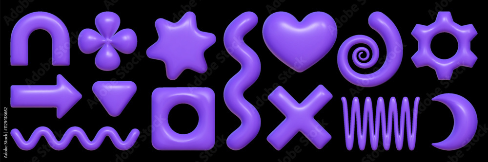 Set of playful 3D figures in purple. Inflated shapes in the shape of a star, heart, wave, arrow with a plastic texture of the Y2K aesthetic. Set of playful 3D figures in purple. Inflated shapes in the shape of a star, heart, wave, arrow with a plastic texture of the Y2K aesthetic.