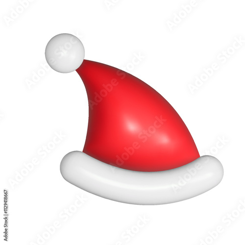 Christmas inflated 3D Santa Claus hat sticker in y2k style. Christmas and New Year design element with reflective plastic texture.
