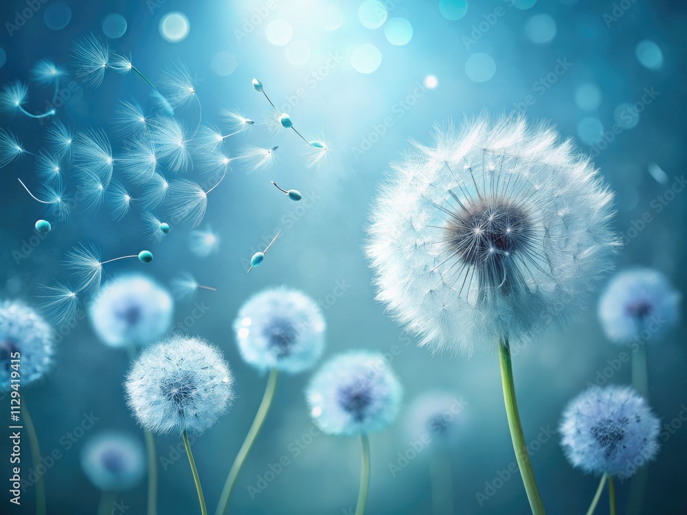 Elegant light blue dandelion fluff floats, minimalist aesthetic, nature's ethereal beauty captured. Elegant light blue dandelion fluff floats, minimalist aesthetic, nature's ethereal beauty captured.