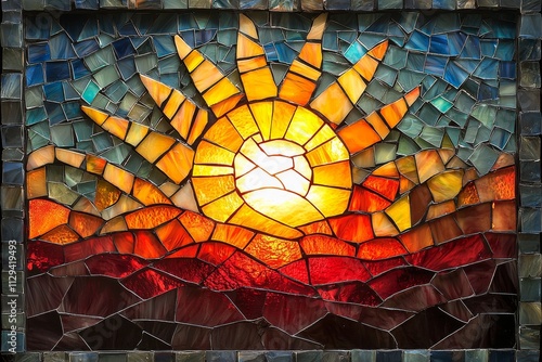Stained glass sunrise with golden rays
