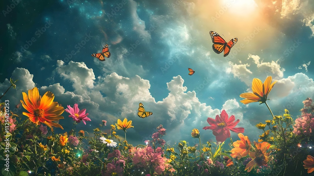 A celestial garden filled with glowing flowers and floating butterflies in the clouds. A celestial garden filled with glowing flowers and floating butterflies in the clouds.