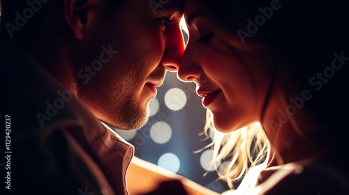 Young couple in love sharing an intimate moment in soft bokeh light