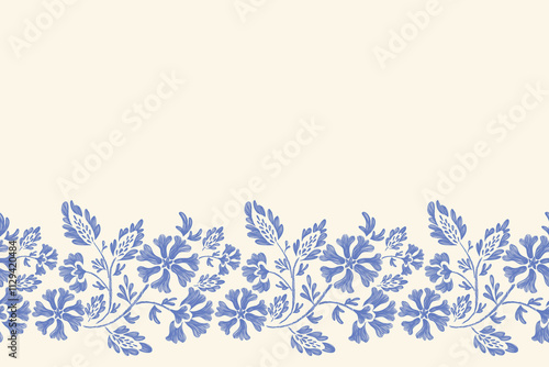Floral background with flowers, Vintage floral ethnic tapestry modern embroidery texture boho design vector illustration hand drawn silhouette indigo blue flower motif branches leaves wallpaper 