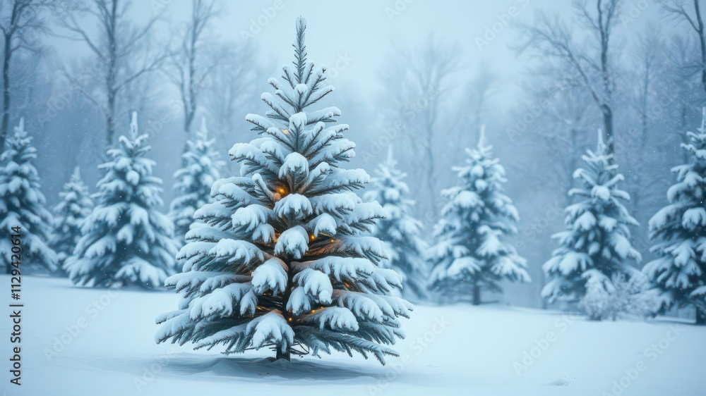 Snow-covered Christmas tree in a winter wonderland, festive Snow-covered Christmas tree in a winter wonderland, festive