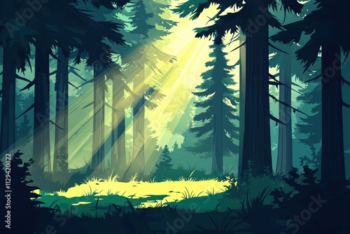 Wallpaper Mural A serene forest scene with sunlight streaming through tall trees, illuminating a grassy area, conveying tranquility and natural beauty. Torontodigital.ca