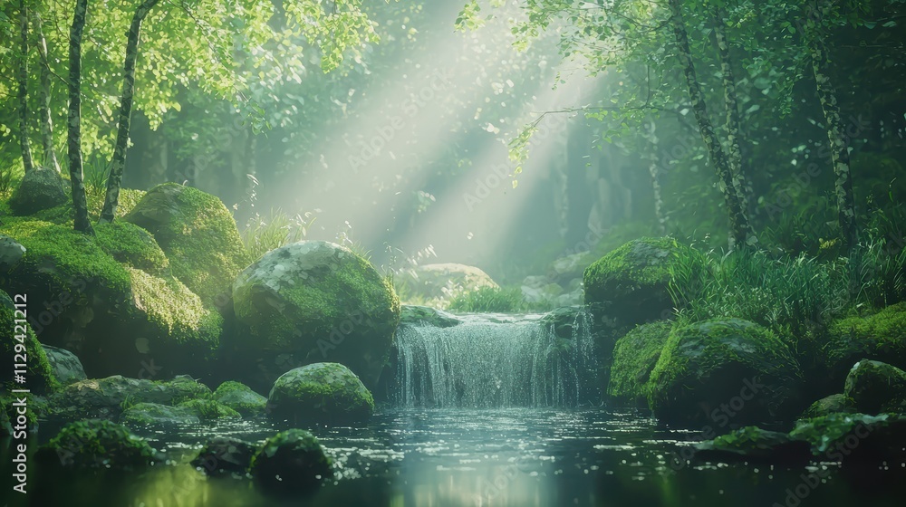 A serene forest scene featuring sunlit water cascading over mossy rocks, surrounded by lush greenery and peaceful reflections. A serene forest scene featuring sunlit water cascading over mossy rocks, surrounded by lush greenery and peaceful reflections.