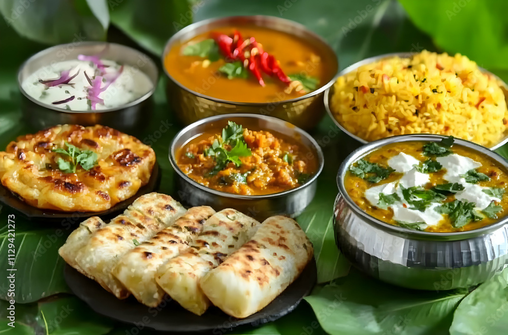 Indian Food tray of food including rice rice and vegetables Indian Food tray of food including rice rice and vegetables