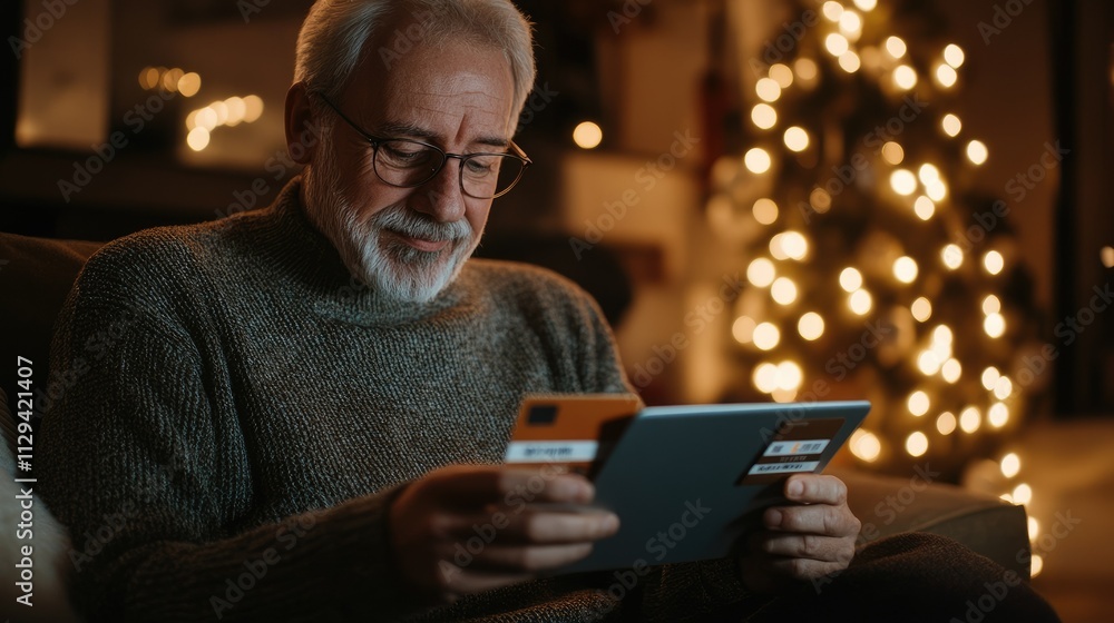 Senior man using tablet for online shopping at home during Christmas.