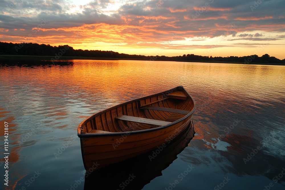 Obraz premium Sunset over calm waters with a wooden boat