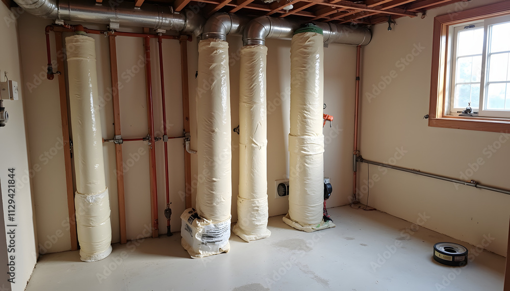 Obraz premium Insulated pipes and plumbing system installed in a basement room with natural light