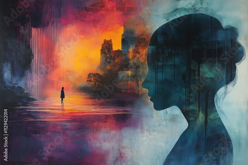 Silhouette of Woman in a Dreamlike Landscape: A mysterious and ethereal painting depicting a woman's silhouette, a lone figure in a dreamlike landscape of swirling colors, a castle in the distance.