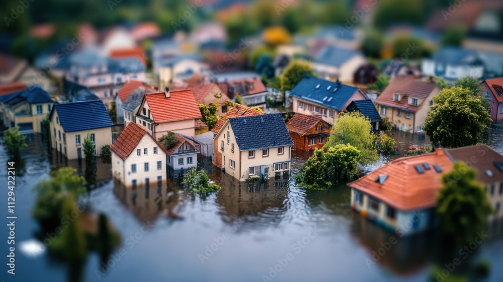 Houses in a small town are partially submerged in water due to severe flooding caused by a heavy rainstorm, creating a dramatic and challenging situation. Generative AI Houses in a small town are partially submerged in water due to severe flooding caused by a heavy rainstorm, creating a dramatic and challenging situation. Generative AI