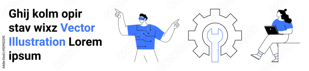 Characters pointing, wearing VR headset, holding laptop, large gear with wrench in center. Ideal for teamwork, business strategy, productivity, technology, problem-solving, innovation, landing page Characters pointing, wearing VR headset, holding laptop, large gear with wrench in center. Ideal for teamwork, business strategy, productivity, technology, problem-solving, innovation, landing page