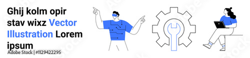 Characters pointing, wearing VR headset, holding laptop, large gear with wrench in center. Ideal for teamwork, business strategy, productivity, technology, problem-solving, innovation, landing page