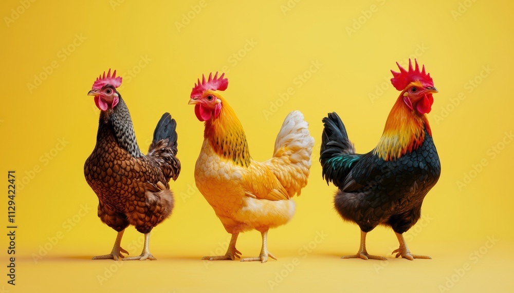 Three colorful chickens stand proudly against a bright yellow background, showcasing their unique plumage and vibrant personalities. Three colorful chickens stand proudly against a bright yellow background, showcasing their unique plumage and vibrant personalities.