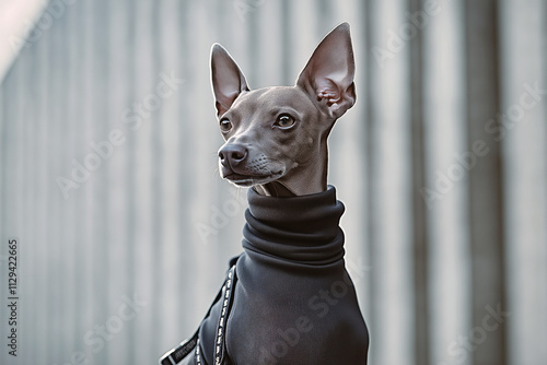 Italian Greyhound wearing a sleek black turtleneck and matching leash, standing against a modern architectural backdrop. photo