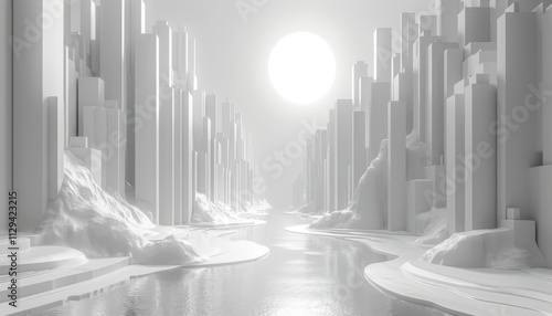 A white city with a river running through it and a large white sun in the sky