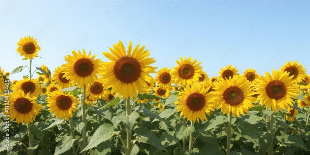 Field of vibrant sunflowers stretching towards a clear blue sky, farm Field of vibrant sunflowers stretching towards a clear blue sky, farm