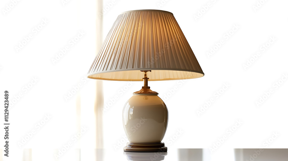 A lamp with a white shade sits on a table A lamp with a white shade sits on a table