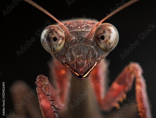 A close-up of a praying mantis with folded front legs photo