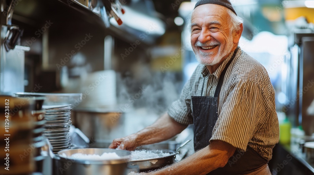 An elderly chef, joyfully cooking in a busy professional kitchen. An elderly chef, joyfully cooking in a busy professional kitchen.