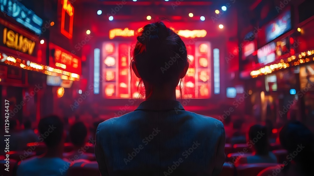 A woman is standing in a dark room with a large screen in front of her A woman is standing in a dark room with a large screen in front of her